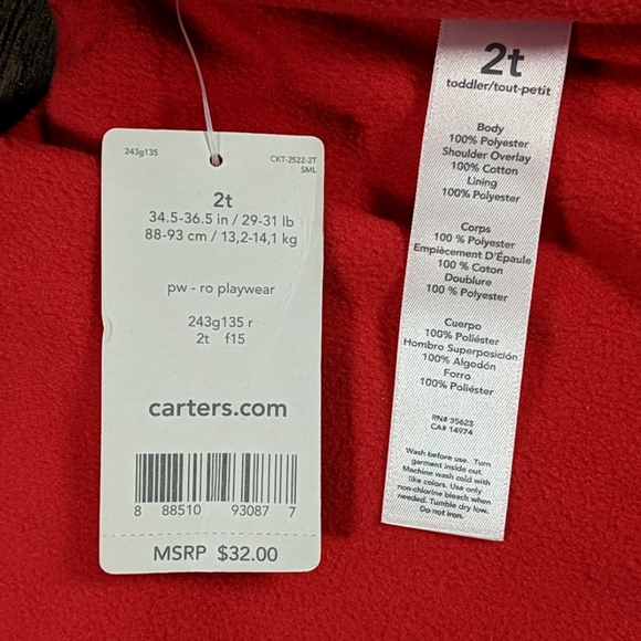 Carter's red gray puffer vest 2T - Picture 3 of 6